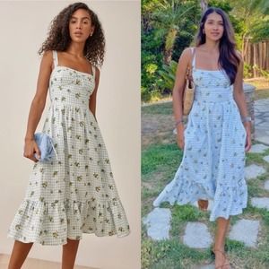 Reformation Maegan Linen Plaid Floral Ruffle Midi Dress Light Blue Size 2